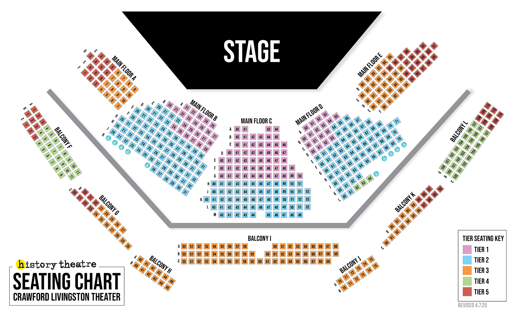Seating chart of the Crawford Livingston Theater — a full description in words follows below